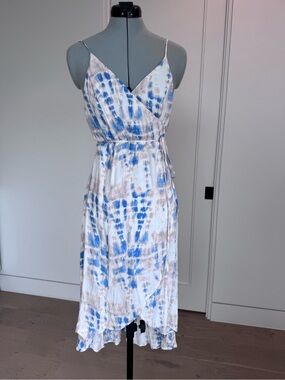 Blue & Cream Tie-Dye Wrap High-Low Dress